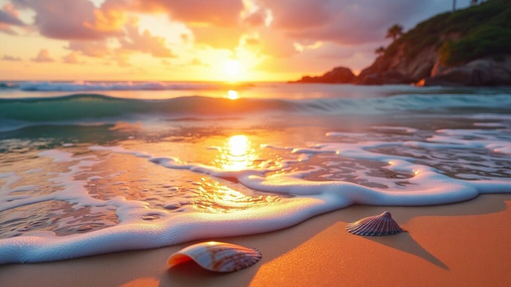 Serene beach at sunset with gentle waves