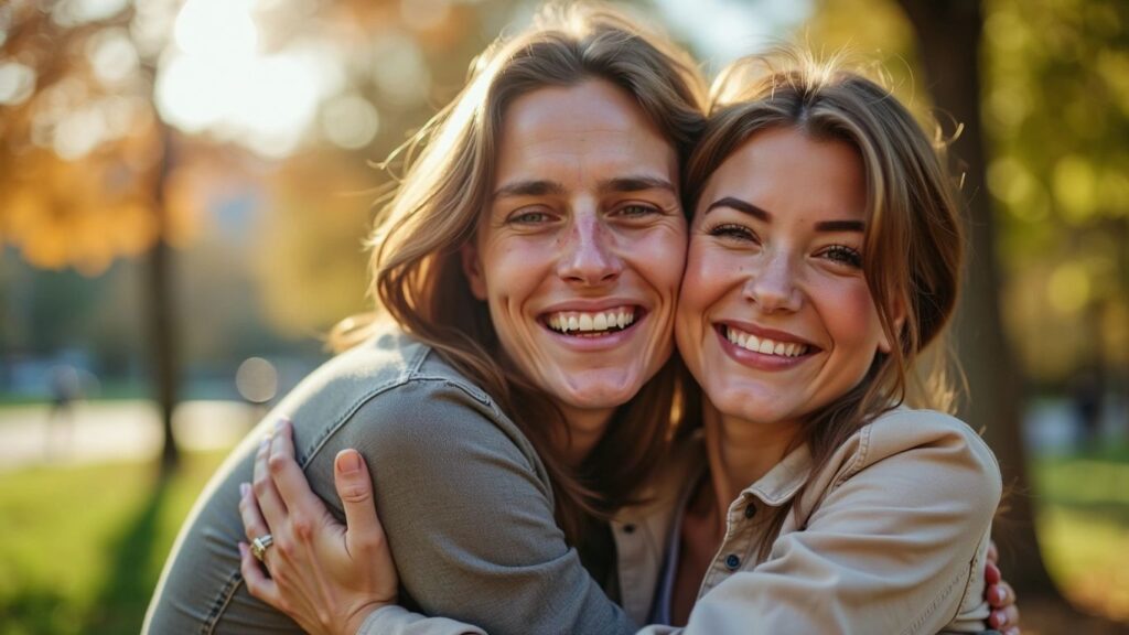 Two people hugging and smiling in a park.