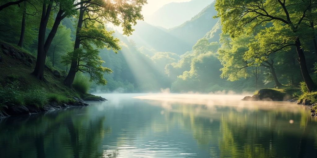 Peaceful lake with sunlight through trees