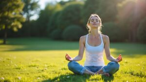 Woman meditating in a grassy field