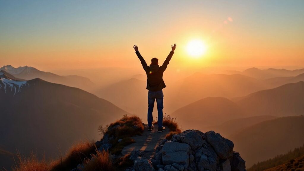 Person celebrating on mountain peak at sunrise.