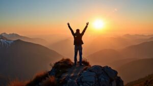 Person celebrating on mountain peak at sunrise.