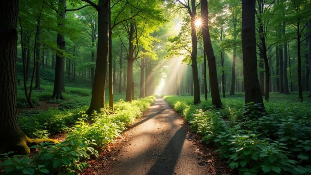 Path through a dense forest with sunlight