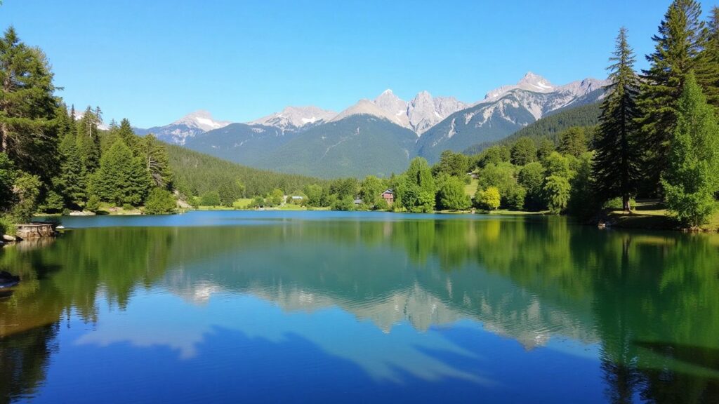 Peaceful lake with trees and mountains
