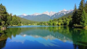 Peaceful lake with trees and mountains