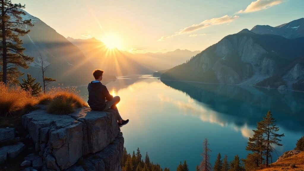 Person on cliff overlooking lake at sunrise.