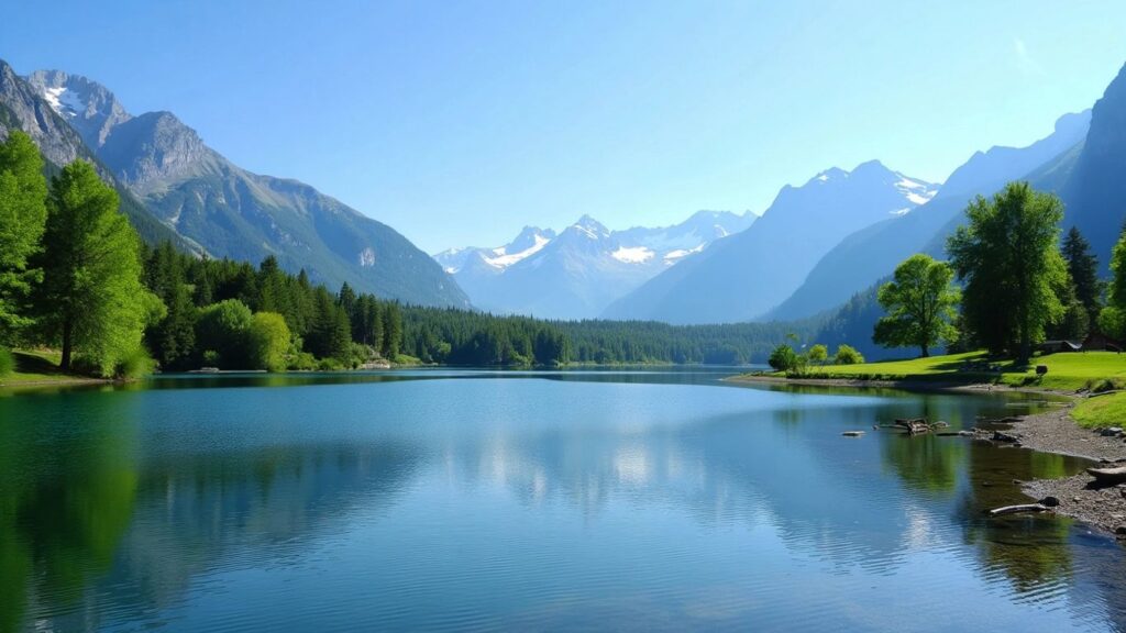 Peaceful lake with green trees and mountains