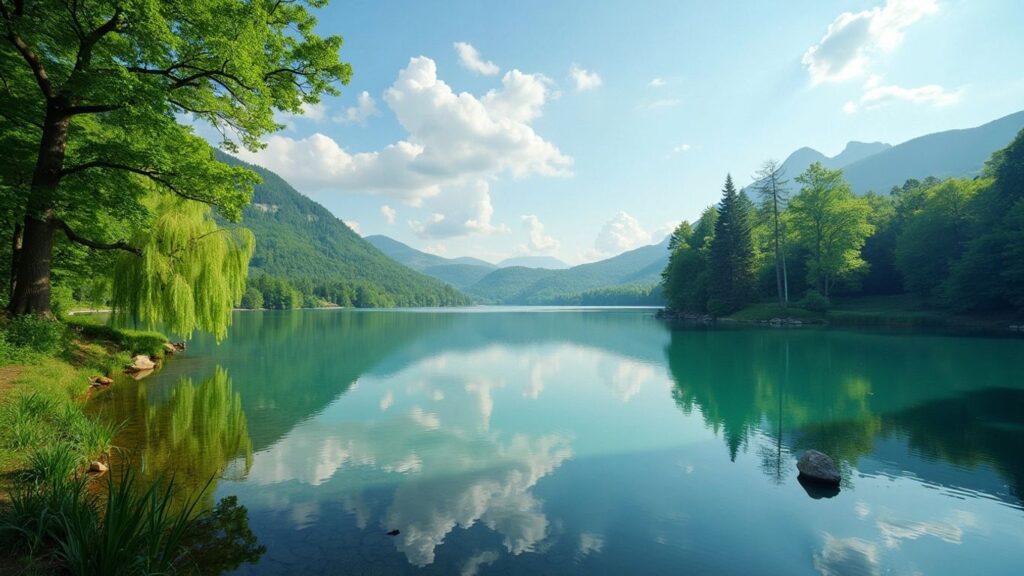 Serene lake with lush green trees
