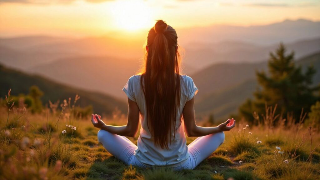 Woman meditating on a hilltop at sunrise.