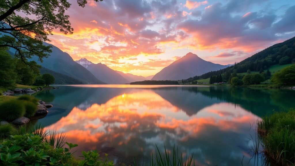 Sunrise over a calm lake with mountains.