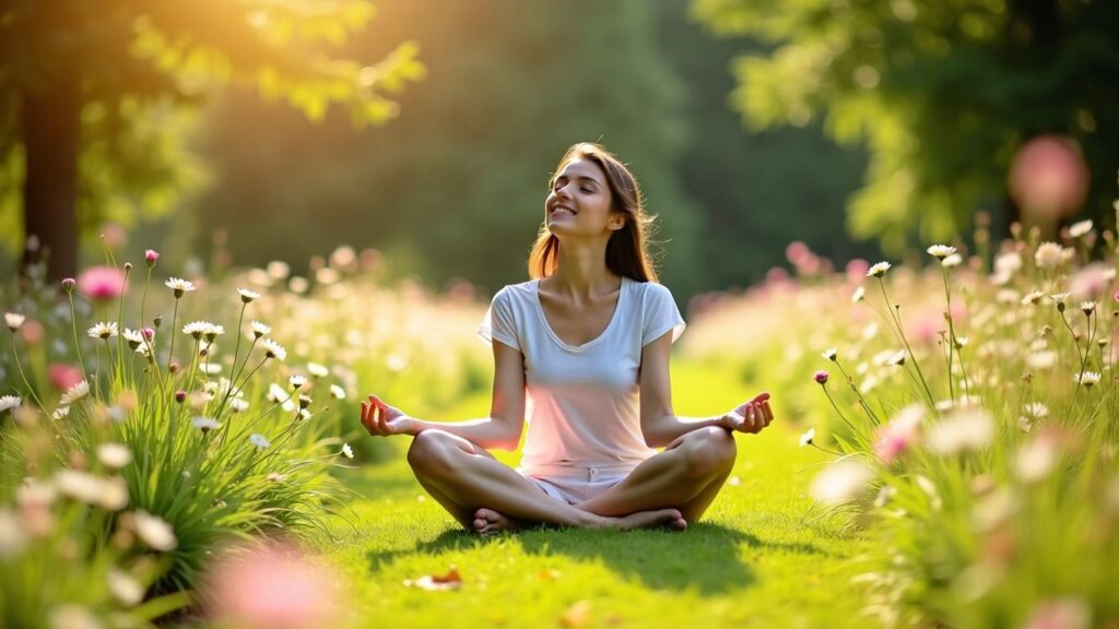Woman meditating in a sunny meadow