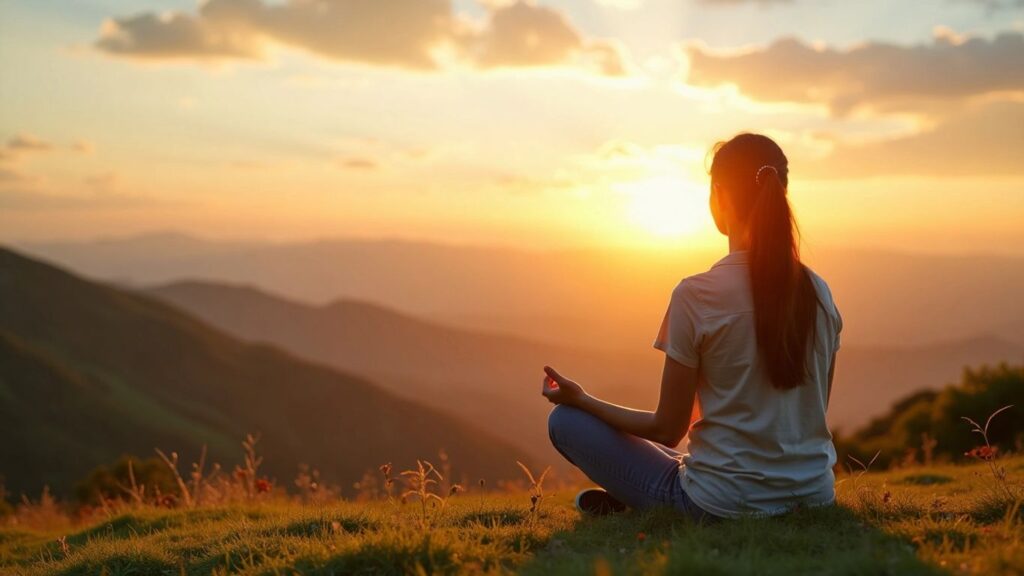 Person meditating on a grassy hill at sunrise.