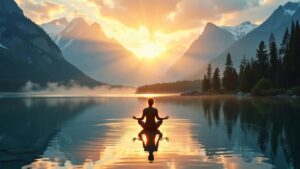 Person meditating by a calm lake at sunrise.