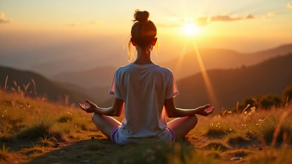 Person meditating on a hilltop at sunrise.