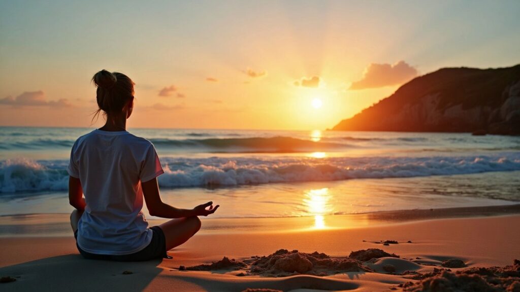 Person meditating on a serene beach at sunset.