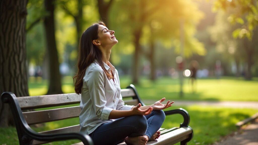 Person deep breathing on park bench