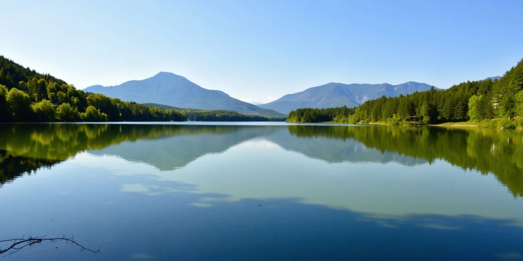 Peaceful lake with trees and mountains