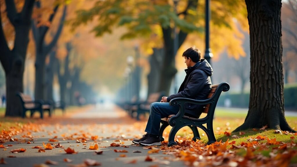 Person sitting on bench in autumn park