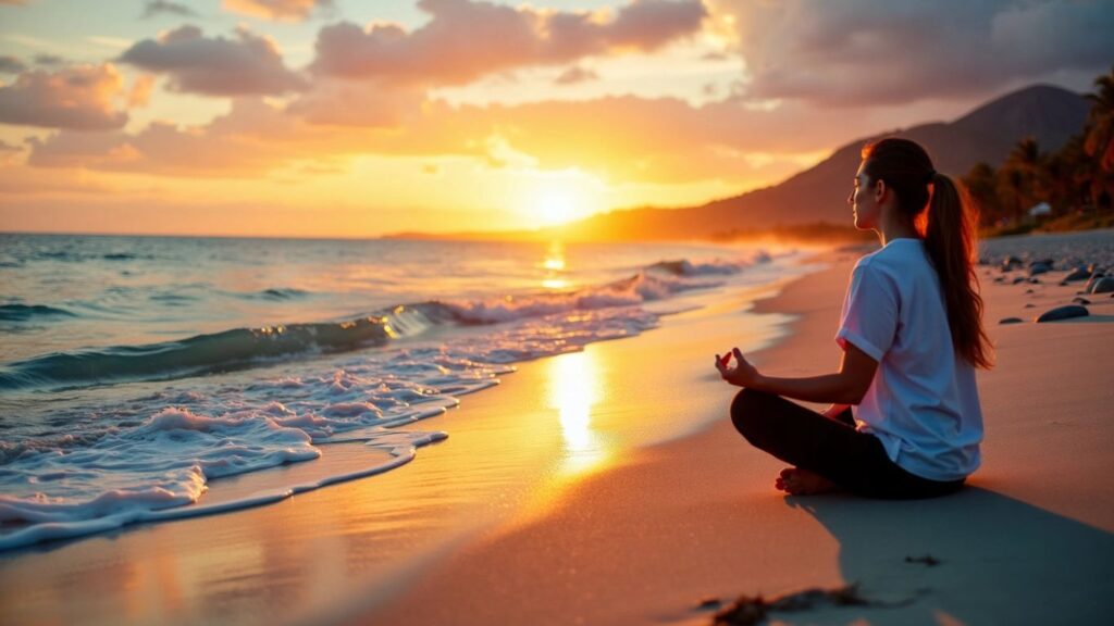 Person meditating on a serene beach at sunset.