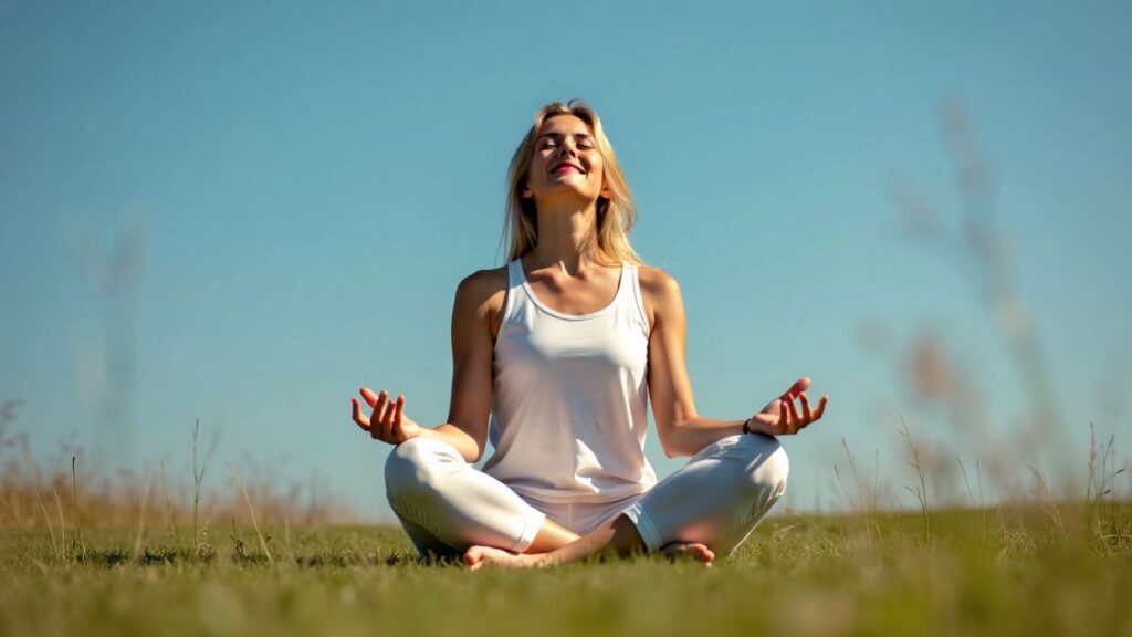 Person meditating in a grassy field